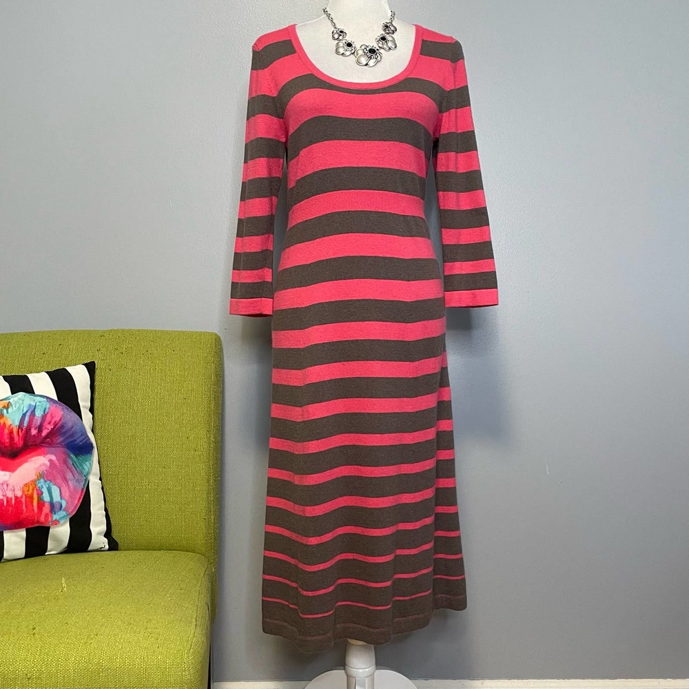Boden Pink Taupe Striped Knit Midi Sweater Dress 8L Long Cashmere Angora